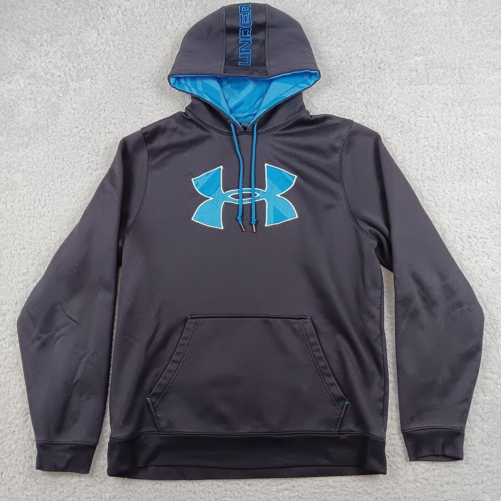 Under Armour Hoodie Big Logo Men Large Black Blue Fleece Pullover Loose